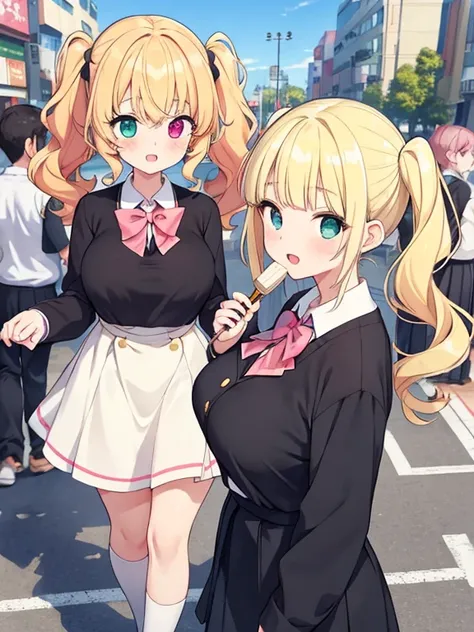 (ultra-detailed, master piece, best quality, high resolution, beautiful hair, beautiful eyes, expressive eyes, perfect face, perfect and correct human anatomy, 2girls),
((blonde and black hair)),
Crowded Akihabara street, sidewalk,
girl with slightly curly...