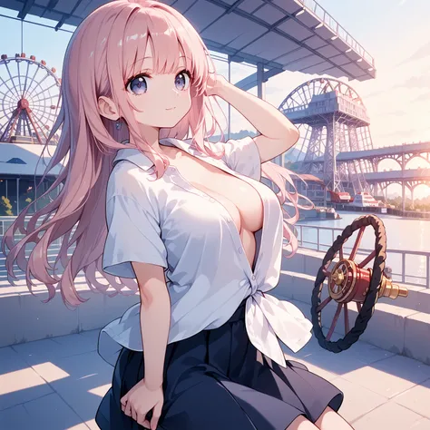   pink hair,    beautiful eyes  ,   clear eyes, Student Council President, Casual clothes， date your lover，Im on the Ferris wheel at an amusement park , inviting my lover with open arms