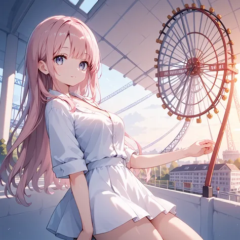   pink hair,    beautiful eyes  ,   clear eyes, Student Council President, Casual clothes， date your lover，Im on the Ferris wheel at an amusement park , inviting my lover with open arms