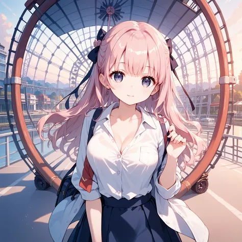   pink hair,    beautiful eyes  ,   clear eyes, Student Council President, Casual clothes， date your lover，Im on the Ferris wheel at an amusement park , inviting my lover with open arms