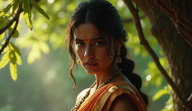 Create a cinematic scene where mata sita crying from Ramayana . standing below the Tree.  closeup face look. make this scene more cinematic and realistic.