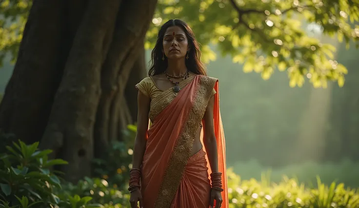 Create a cinematic scene where mata sita crying from Ramayana . standing below the Tree.  closeup face look. make this scene more cinematic and realistic.