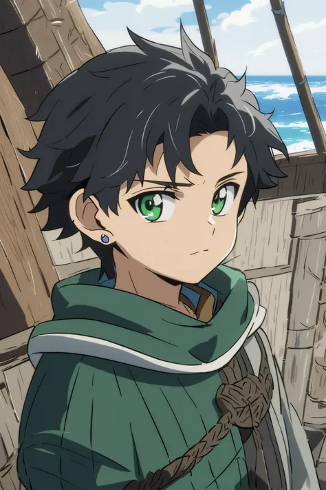 anime style, a ten-year old human male, young grade-schooler. He looks like a medieval seafarer. He has black hair, and green eyes, and earrings on his right ear. The background is a ship and the ocean.