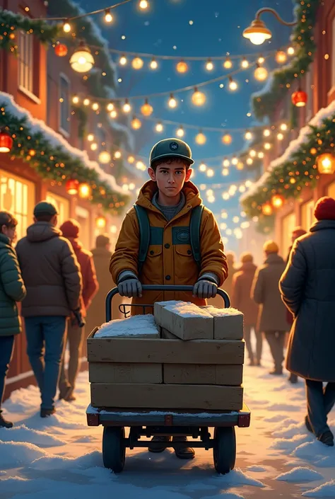 Christmas Eve Illustration, 
Young man working in work clothes and cap on Christmas Eve night, carrying goods on a trolley, streets decorated for Christmas, crowded with people