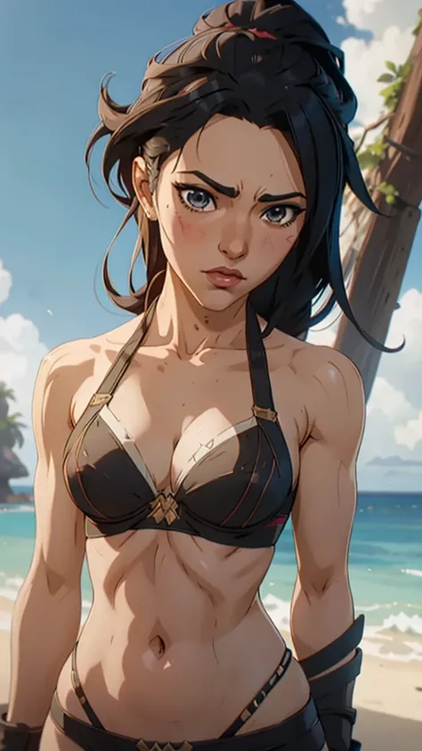 a close up of a woman in a bikini with a sword, extremely detailed artgerm, seductive anime girl, style artgerm, beautiful alluring anime woman, artgerm and rossdraws, style of artgerm, black bra, artgerm style, artgerm. high detail, zenescope, artgerm det...