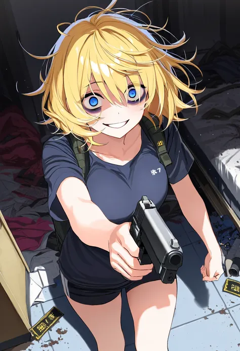 score_9,score_8_up,score_7_up,rating_safety,source_manga,masterpiece,best quality,hyper detailed,super fine illustration,8k,front angle,BREAK 1girl,(crazy eyes,bugs under eyes),little smile,messy hair,holding_handgun,standing,serious atmosphere,messy room,