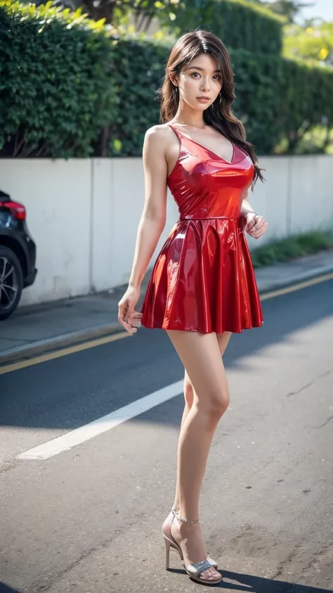 A beautiful Japanese woman, 20 years old, perfect anatomy, healthy thighs, beautiful legs, beautiful skin, random hair color, random hairstyle, large breasts, race queen, (race queen costume:1.3), zent, (she is standing:1.2), full body shot, high heels, ra...