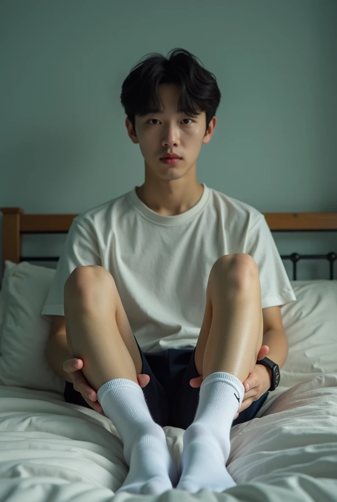 man, High school student, Nike white socks , dry,  Korean, sole of the foot, Sports club, big penis, smell, On the bed, 