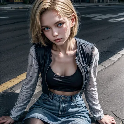 Best quality, A high resolution,Android 18, Solo, Blonde hair, Blue eyes, Short hair, Earrings, jewelry, denim vest, Open vest, Black pantyhose, Black shirt, Denim skirt, Striped long sleeves, Blue skirt, Medium breasts, Cowboy shot, street, (Externally ex...