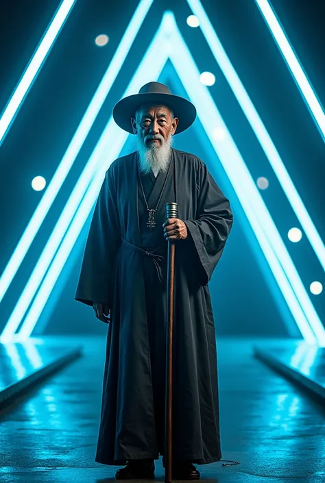 "An elderly man in traditional clothing holding a cane, standing in front of a futuristic backdrop of neon lights in the shape of triangles and bright lines in shades of blue and white, creating a