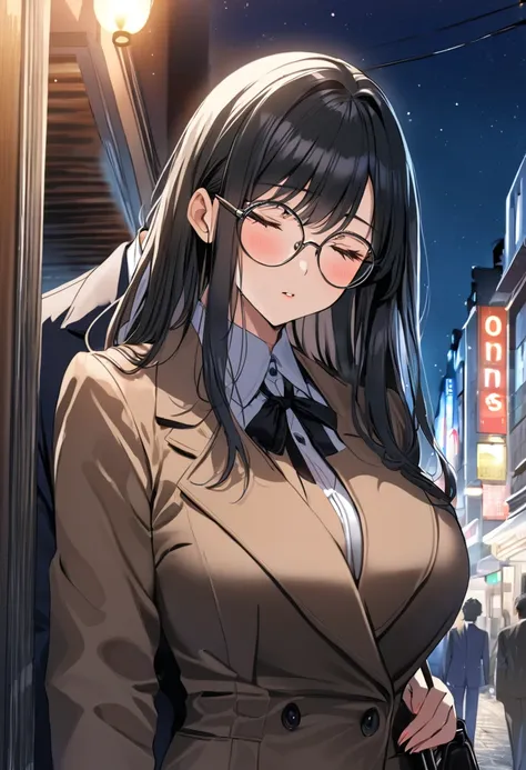 (( top quality)), (( masterpieces during breakfast )), ( Details), ( 1 Anime Girl ),  sexy, ( black hair), Bust 9０Big breasted OL in CM ,  young woman, OL and round glasses , (Woman in casual OL fashion), (Woman kissing man in suit on street corner at nigh...