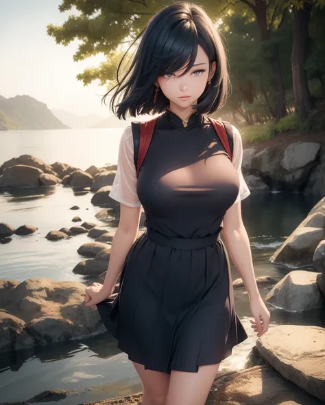   a beautiful girl,  brown eyes ,    glowing eyes  , sexy long skirt sailor suit dress ,   closed lips    ,  Short Hair ,   high resolution, breasts,  full body,  Navy blue hair,  full body,