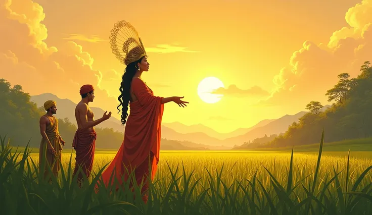 Illustrate a symbolic scene where Dewi Sri beautiful goddess with extraordinary grace, wearing traditional Indonesian attire emphasizes the importance of nurturing the earth. She gestures gently toward the rice fields, which are depicted flourishing under ...