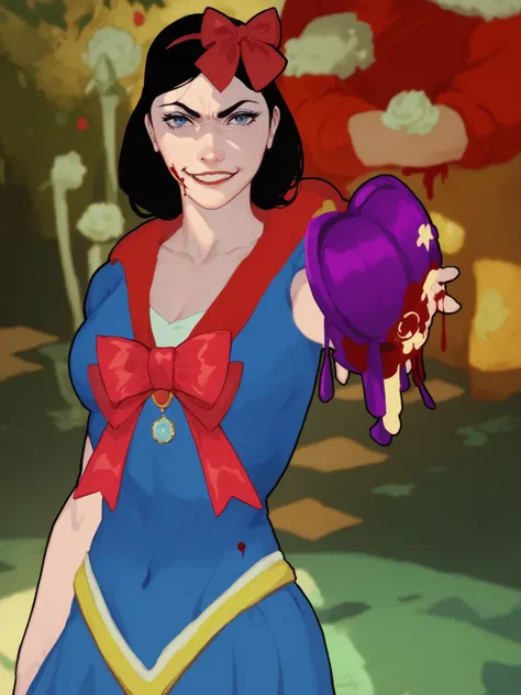 ( top quality,masterpiece, illustration,comics), Snow White crushing a poisonous apple with an angry expression( blue dress ,Angry Smile,Sense of strength,There is an aura, blood vessels protrude ),The background is Seven Terrified Dwarfs 