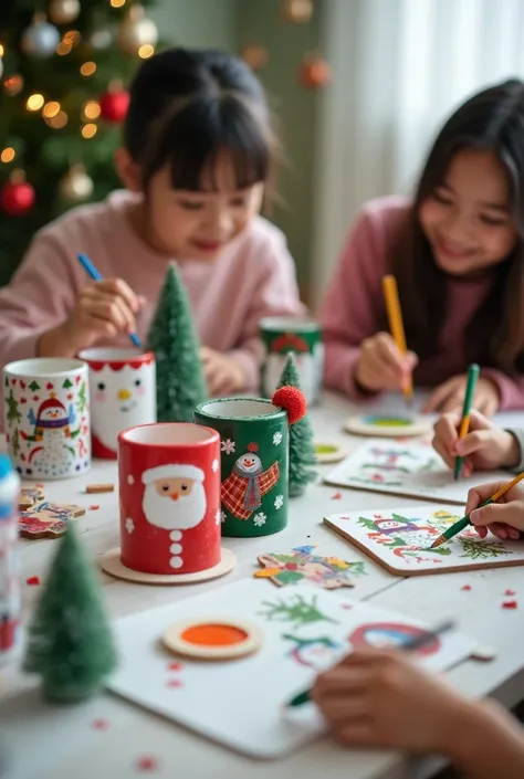 A christmas holiday art workshop with a group of s and adults are painting small planters and small flat round wooden ornaments. The small cylinder planters have pictures of different colorful snowman and Santa water-painted all over them On the small orna...