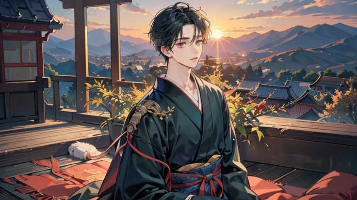 Highest quality, masterpiece, one 20-years-old-boy who is looking at a Japanes traditional shrine, handsome, black hair, bangs covering the forehead, gray eyes, short hair, detailed depiction of the eyes and face, four fingers and one thumb, a green kimono...