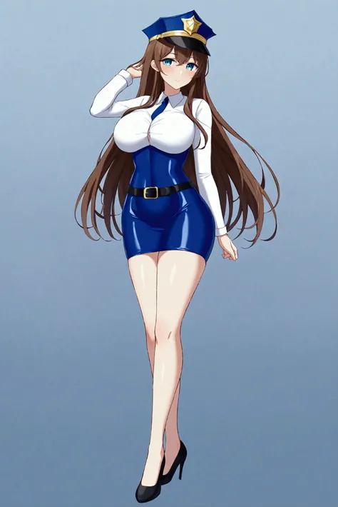  girl、Brown Hair、 Teal Eyelids、 long hair、policewoman、cap、 white shirt、 navy blue tight skirt、 miniskirt、Leather shoes