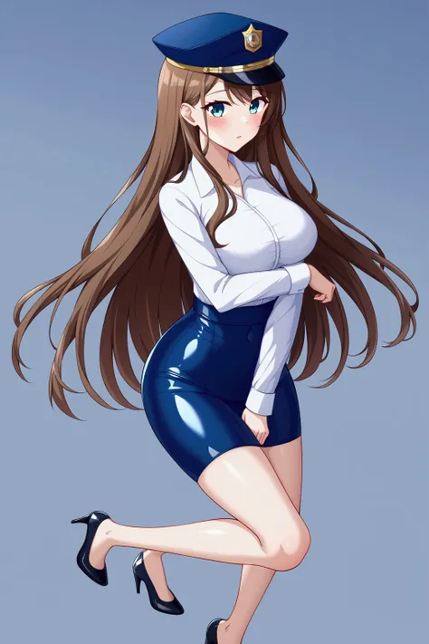  girl、Brown Hair、 Teal Eyelids、 long hair、policewoman、cap、 white shirt、 navy blue tight skirt、 miniskirt、Leather shoes