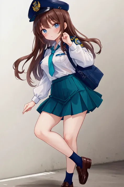  girl、Brown Hair、 Teal Eyelids、 long hair、policewoman、cap、 white shirt、 navy blue tight skirt、 miniskirt、Leather shoes