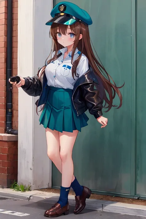  girl、Brown Hair、 Teal Eyelids、 long hair、policewoman、cap、 white shirt、 navy blue tight skirt、 miniskirt、Leather shoes