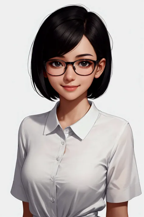 masterpiece,high quality,upper body,standing, 1 woman, black hair, short hair, black eyes,wearing glasses, front view, from the front, looking at viewer, no background, white background, shy smile, 