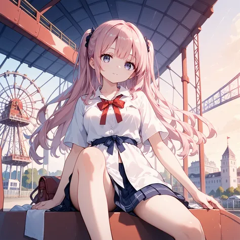   pink hair,    beautiful eyes  ,   clear eyes, Student Council President, Casual clothes， date your lover，Inside the ferris wheel at an amusement park,While sitting in the seat, Im spreading my arms towards him in front of me