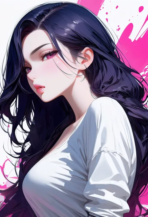 (masterpiece, best quality:1.2), 1 girl, unique, solo focus, narrowed eyes, seductive, Pink eyes, voluminous long hair, (side-swept), (side-parted hair), tight jeans, casual outfit, quarter turn view, black hair with pink undertones, lust, simple backgroun...