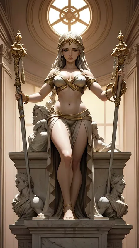 mulher da justice segurando balança e espada em pedestal, goddess titã grega themis, justice, made of marble de carrara, goddess.  extremely high details, attorney, made of marble,  marble statue , por Bernard DAndrea, attorney, Greek marble , highly detai...