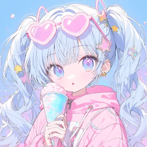  girl, ( light blue hair),  ponytail hair, Brown and gray eyes, pink hoodie, Pastel Brown ((heart))  sunglasses, Drink ice cream, Light blue background,  Light Blue Eyes , neondskdrmsxl,  score_9_up,  score_8_up,  score_7_up,  score_6_up, 1人の girl, Alone, ...