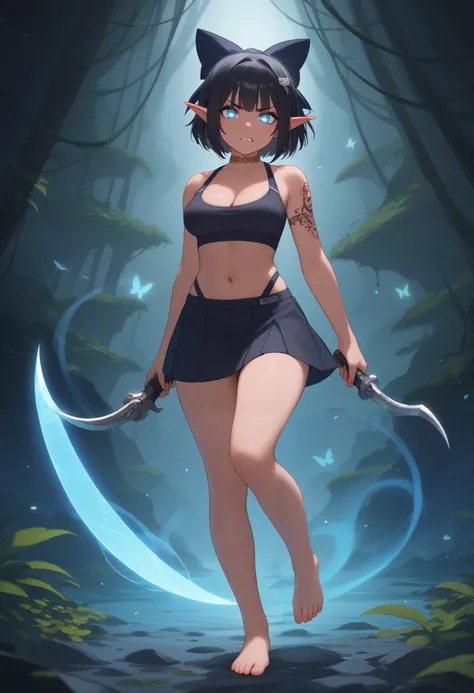 Lush green Jungle environment. A young, fierce-looking female warrior with a futuristic yet fantasy-inspired design. She has a dark tan skin tone, with glowing icy blue eyes that emit a faint blue light, resembling an intense focus. Her short black hair, s...