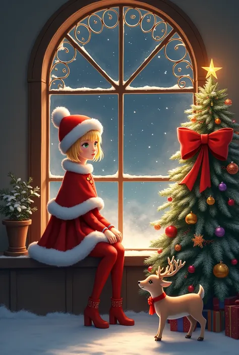  The image shows a warm and festive scene in a Christmas atmosphere .

    General context:
         A young woman is sitting on the window sill of a large and decorative window ,  framed by wrought iron with an elegant design .  The light warm that emanat...