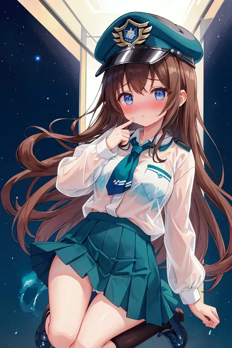  girl、Brown Hair、 Teal Eyelids、 long hair、Embarrassed、policewoman、cap、 white shirt、Transparent shirt、 navy blue tight skirt、 miniskirt、One leg up、 panties、Leather shoes