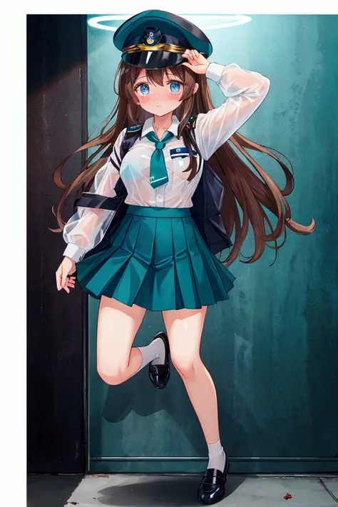  girl、Brown Hair、 Teal Eyelids、 long hair、Embarrassed、policewoman、cap、 white shirt、Transparent shirt、 navy blue tight skirt、 miniskirt、One leg up、 panties、Leather shoes