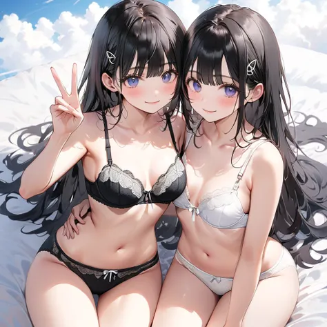 ((2 girls hugging each other:1.5))、smile、(Small white ribbon)、 break, ((black hair:1.5)),(( long hair:1.5)) 、 (small breasts),(light white bra:1.5)、 (light white panties:1.5), break, ((black hair:1.5)),((short hair:1.5)) 、(small breasts)、(light black bra:1...