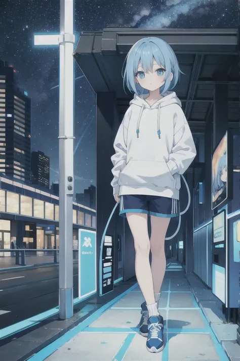  blue hair、 bob hair、blue knee-length shorts with side tail on left side 、Light blue eyes、Round eyes、Baby Face、 light blue hoodie looking out at the starry sky、The hoodie string is a bow 、 blue knee-length shorts、Light blue sneakers、Short socks、Has dual sw...