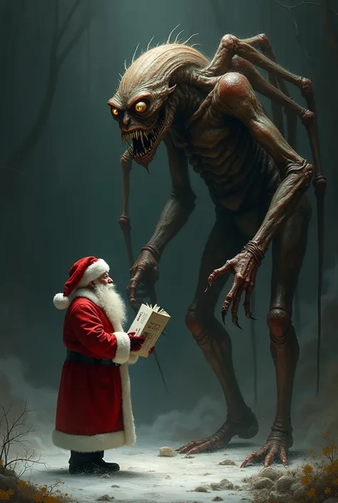 Santa Claus gives magazines to a  with a spider head