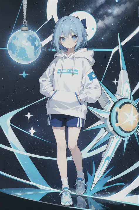  blue hair、 bob hair、Side tail on left side、Light blue eyes、Round eyes、Baby Face、 light blue hoodie looking out at the starry sky、The hoodie string is a bow 、 blue knee-length shorts、Light blue sneakers、Short socks、Has dual swords、Neutral、Night City