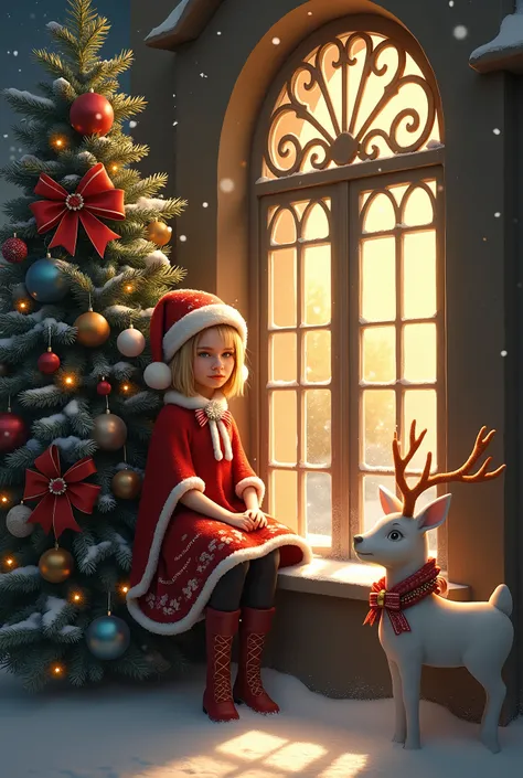  The image shows a warm and festive scene in a Christmas atmosphere .

    General context:
         A young woman is sitting on the window sill of a large and decorative window ,  framed by wrought iron with an elegant design .  The light warm that emanat...