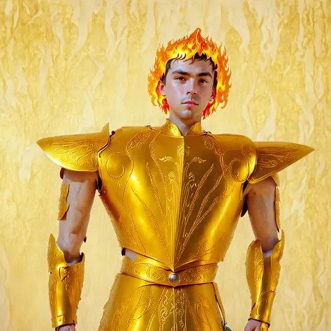 A beautiful boy with Golden armor, (((friezes with sword and flames theme))), ultra realistic, 8k,uhd, masterpiece