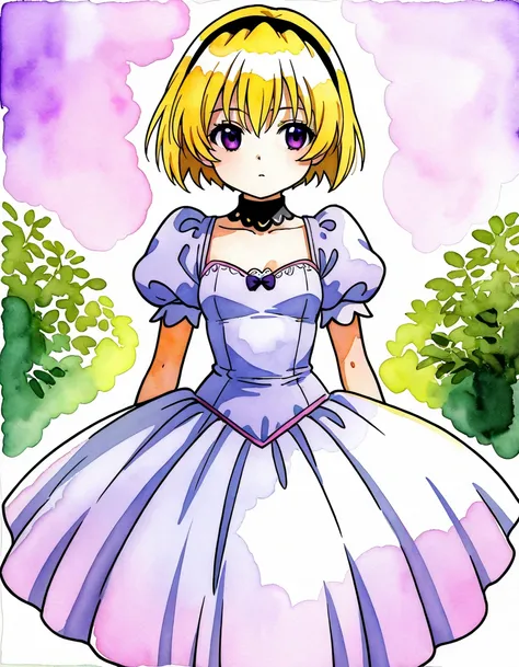 watercolor, Directions_Satoko,  1 girl, Alone,  blonde hair ,  headband,  dress,  short hair, princess  dress,  purple eyes, black  headband, bangs, small breasts, whole body, garden