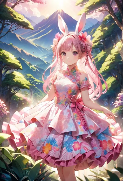 ``Japanese anime character, cute rabbit in pink color, beautiful adorable rabbit wearing an elegant and elaborate Hawaiian dress, the dress must have intricate designs and patterns to give it a luxurious and exclusive look. In the background, the image sho...