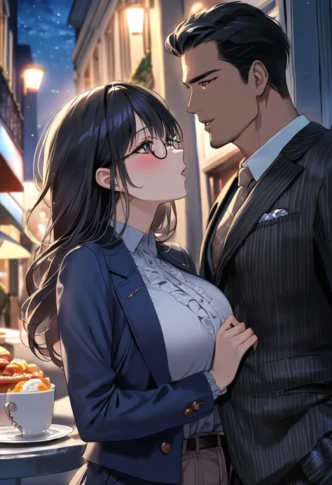 (( top quality)), (( masterpieces during breakfast )), ( Details), ( 1 Anime Girl ),  sexy, ( black hair), Bust 9０Big breasted OL in CM ,  young woman, OL and round glasses , (Woman in casual OL fashion), (Woman kissing man in suit on street corner at nigh...