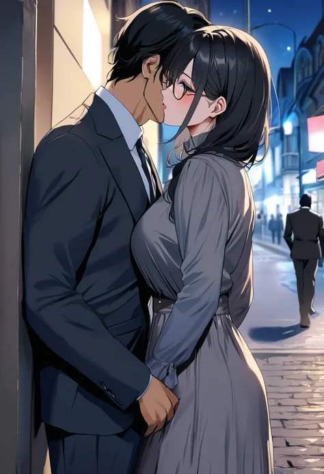 (( top quality)), (( masterpieces during breakfast )), ( Details), ( 1 Anime Girl ),  sexy, ( black hair), Bust 9０Big breasted OL in CM ,  young woman, OL and round glasses , (Woman in casual OL fashion), (Woman kissing man in suit on street corner at nigh...