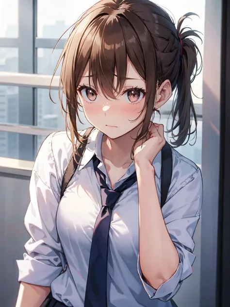 1girl,  small breasts,school uniform,slouch,upward glance
face close-up,raise your hand,I can see the side,
eliminate shadows
brown hair,long hair,tie hair,tie hair back,
brown eyes,blush, nose blush, embarrassed,very embarrassed,face forward,best quality
...