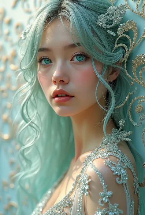  Magic Shadows sew silver-colored gold patterns on white canvas ,  Bright colors turn into a fascinating work of art ,  Embroidered on white canvas Image of a Beautiful Girl Her hair is woven from Silver, and the eyes are filled with bright emerald ,  The ...