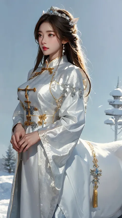   High Resolution  ,   high detail,   High Quality  ，winter，Snow，forest，Chinese woman，Centaur，Bangs,  Silver long hair ，jewelry, Big breasts，Wearing a white dress，  Watch the landscape 