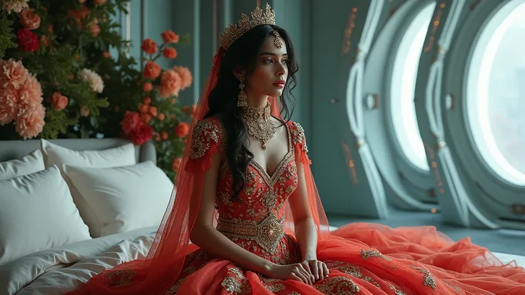  a sexy indian girl in a gorgeous princess dress sitting sadly on a stunning bed in a beautiful stunning technological room with flowers, realistic cinematic style, 4k 3D ultra HD quality 