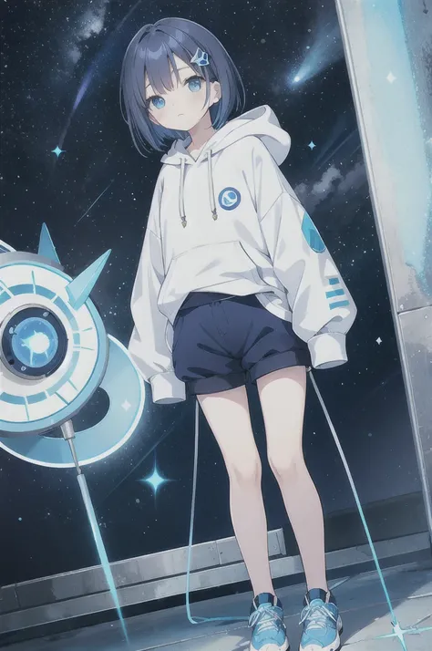 Dark blue bob hair、blue knee-length shorts with side tail on left side 、Light blue eyes、Round eyes、Baby Face、rhombus hairpin、 light blue hoodie looking out at the starry sky、The hoodie string is a bow 、 blue knee-length shorts、Light blue sneakers、Short soc...