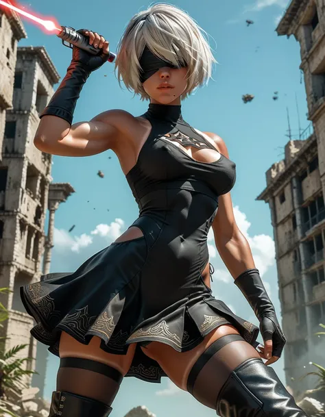 1woman, ((2B)),(Nier Automata 2B), white hair, blindfold over eyes, (ultra-detailed face), accurate face, ((black) tomboy style skirt:1.24), (open-sided leotard:1.39), (high side slits in skirt), sleeveless, black over-elbow gloves, opaque pantyhose, {{bla...