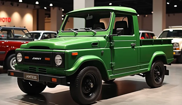 Old Model old design Suzuki jimny Cruiser Pickup Truck Green shiny Polished Exterior Front Side view Open Side Door Luxurious Showroom Showcase background Toyota Name